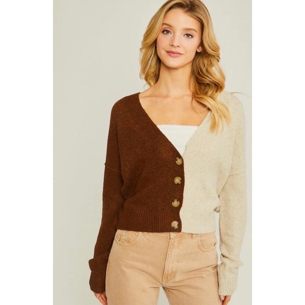 Cozy Color Block Cardigan Sweater Large Brown Cream Boho Cottagecore - Picture 2 of 6